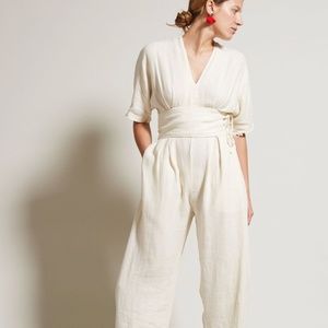 Black Crane Linen Kimono Belted Jumpsuit Size Medium